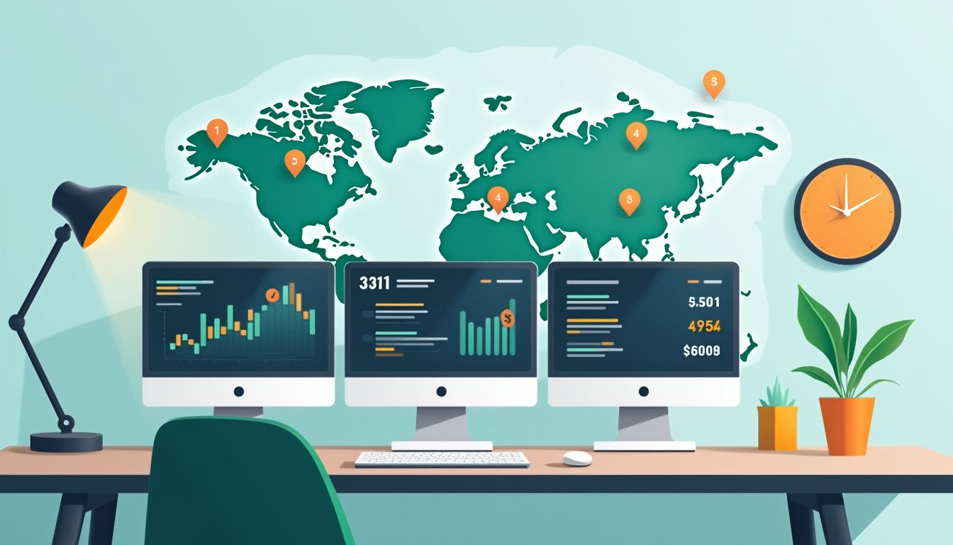 Minimalist workspace with multiple monitors displaying forex charts and economic news.