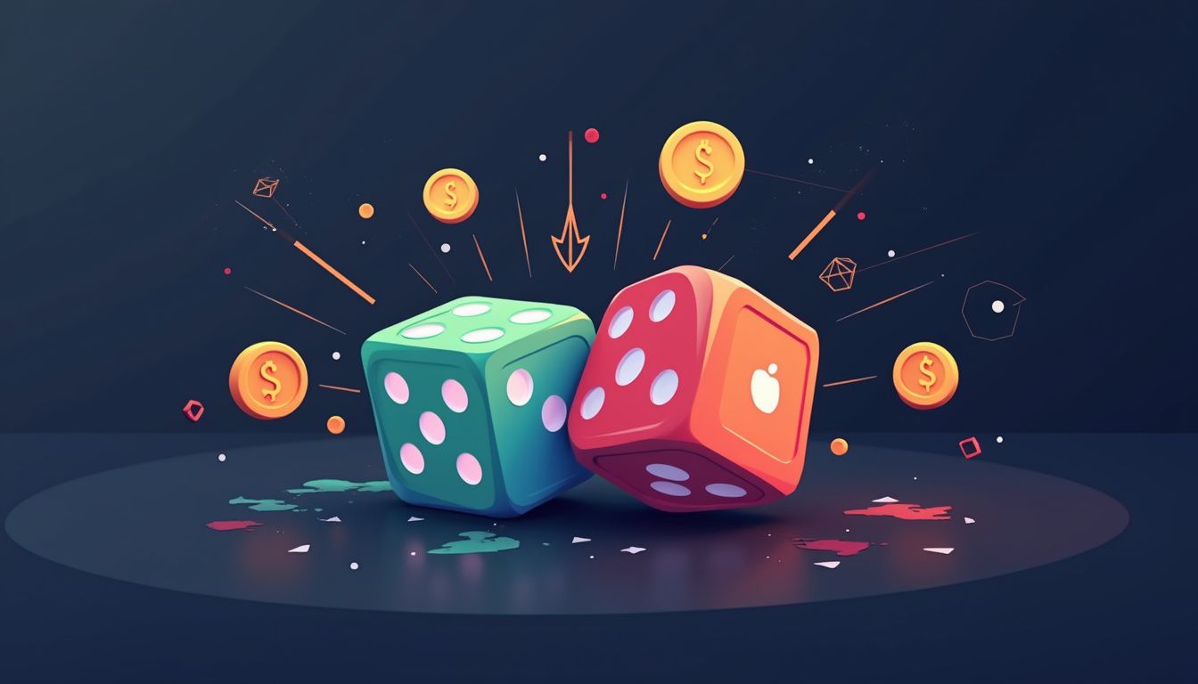 Flat vector illustration of colourful dice with currency symbols on a dark background. Flat vector illustration of colourful dice with currency symbols on a dark background.