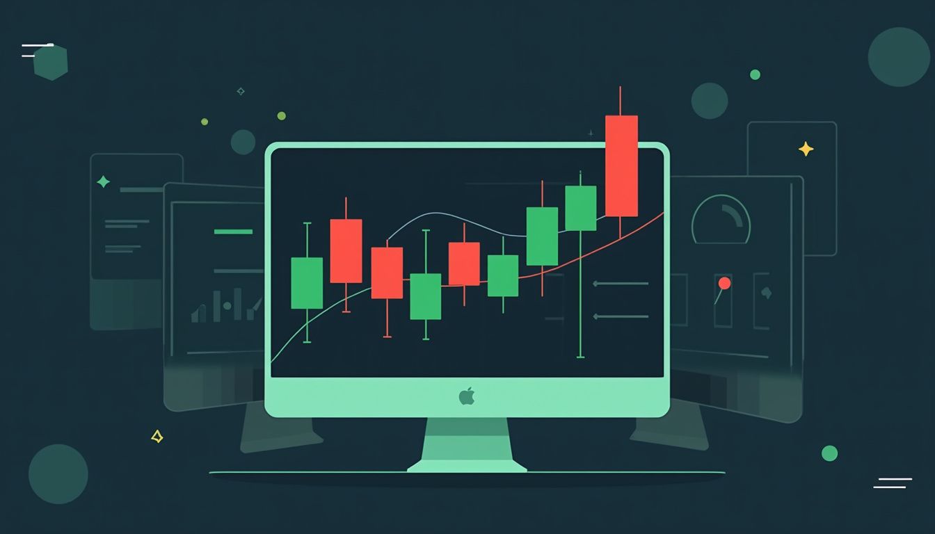 Minimalist candlestick chart illustration with abstract computer monitors and geometric shapes.