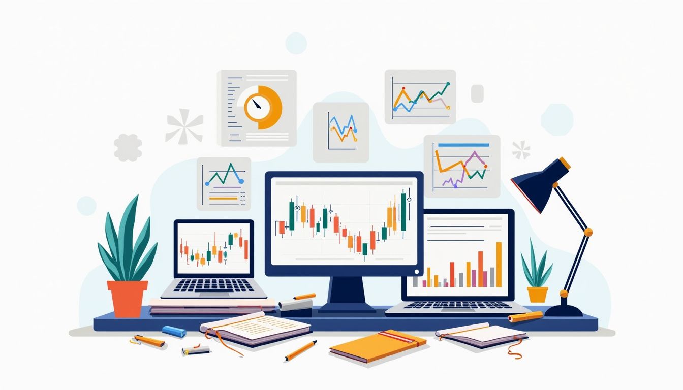 A minimalist vector illustration of a cluttered forex trading desk.