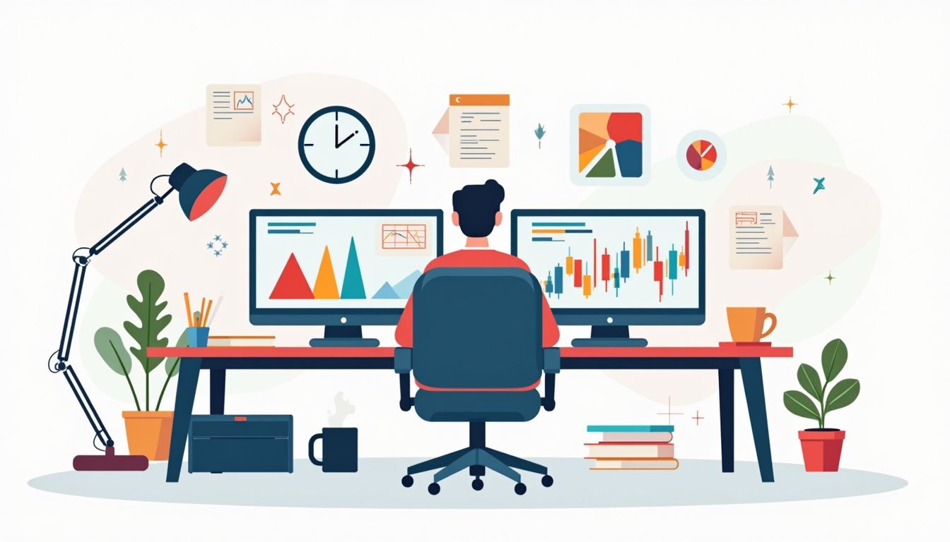 Minimalist flat vector of a cluttered Forex trading desk setup.