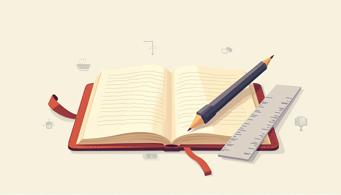 Minimalist workspace illustration featuring a journal, pencil, and ruler.