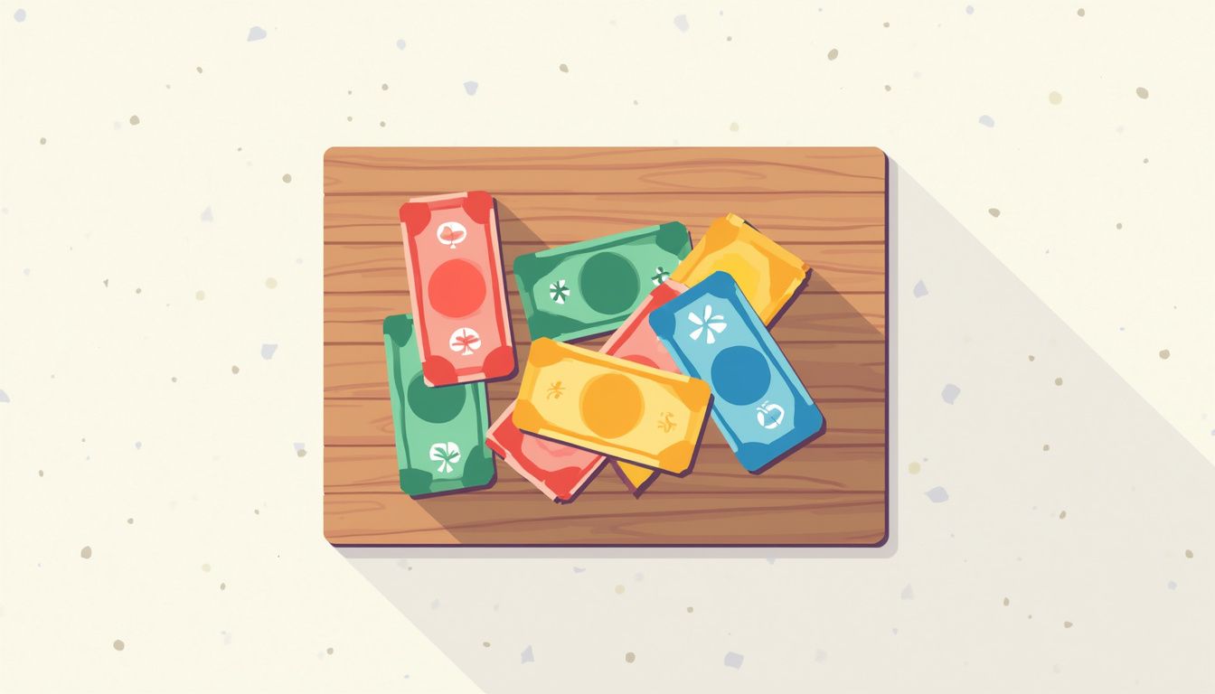 Flat vector illustration of global currency notes on a wooden table.