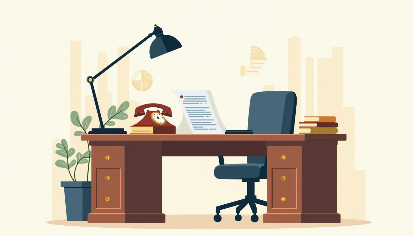 Flat vector illustration of an antique Wall Street office desk scene.