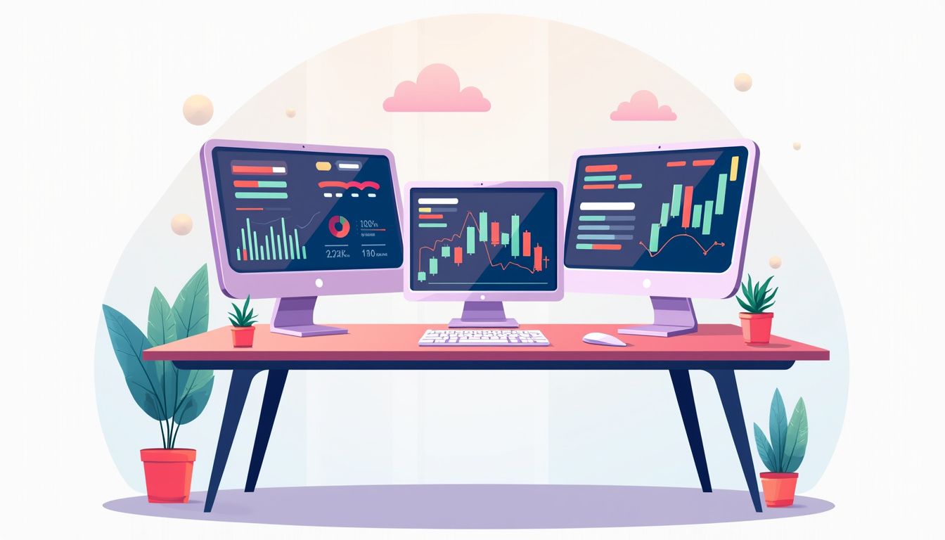 Modern office desk with multiple screens displaying financial data and news.