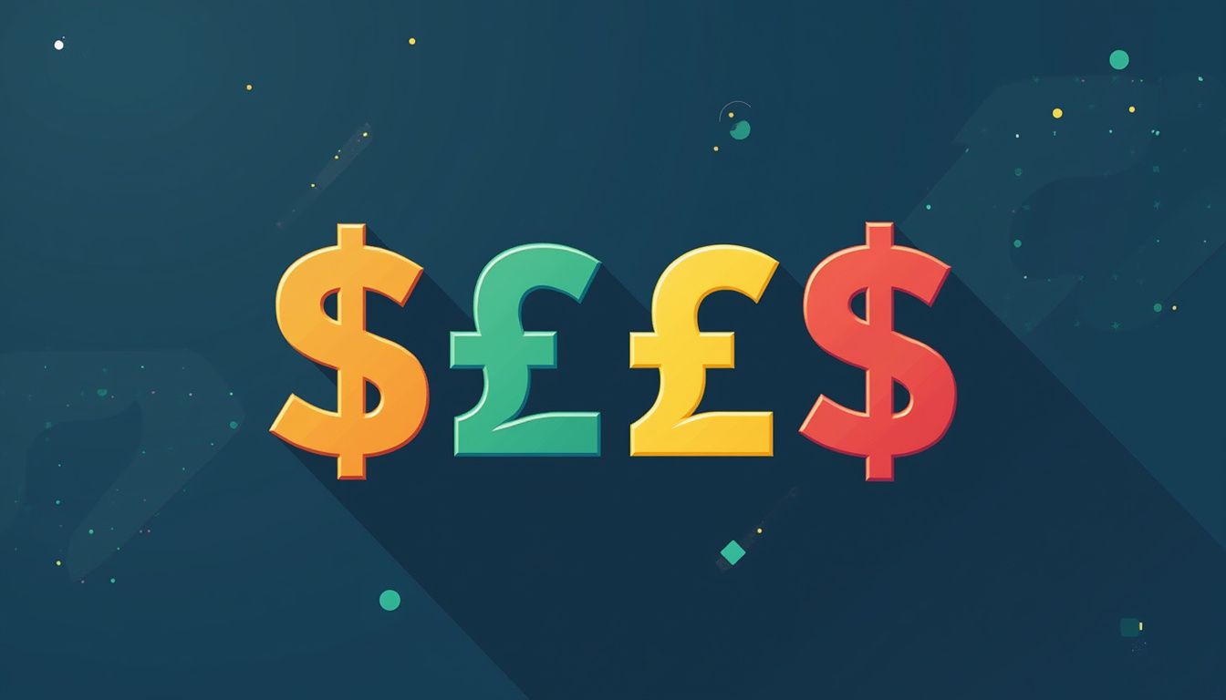 A vibrant collection of currency symbols on a dark navy background.