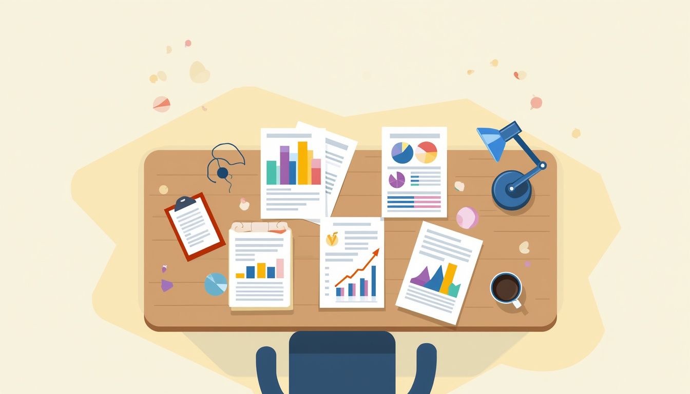 Flat vector illustration of a wooden desk with economic reports.