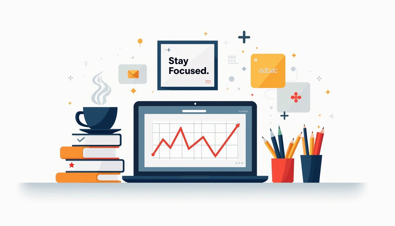 Minimalist desk scene featuring a laptop, notebooks, pens, and a motivational poster.