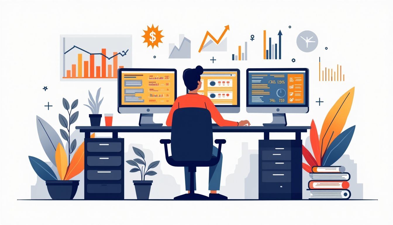 Minimalist illustration of a busy trading desk with vibrant financial visuals.