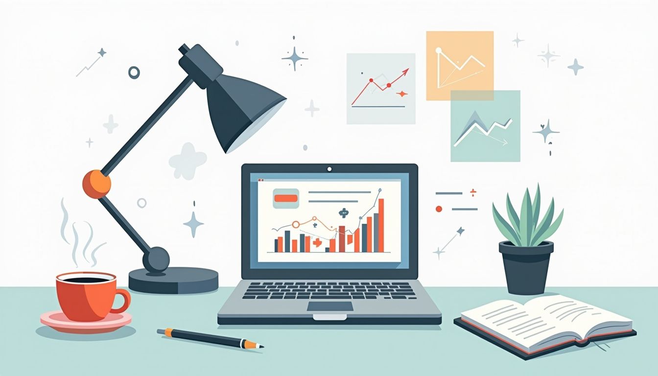 Flat vector illustration of an organised desk with trading elements.