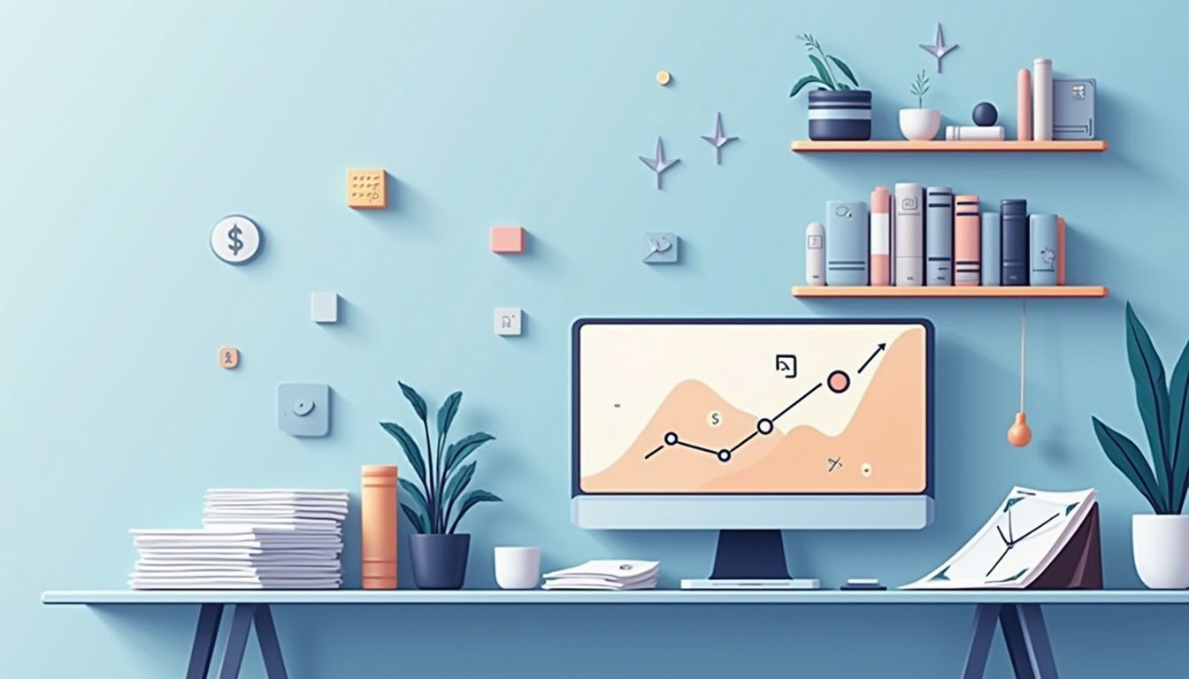 Minimalist workspace illustration with cluttered table and geometric bookshelf.