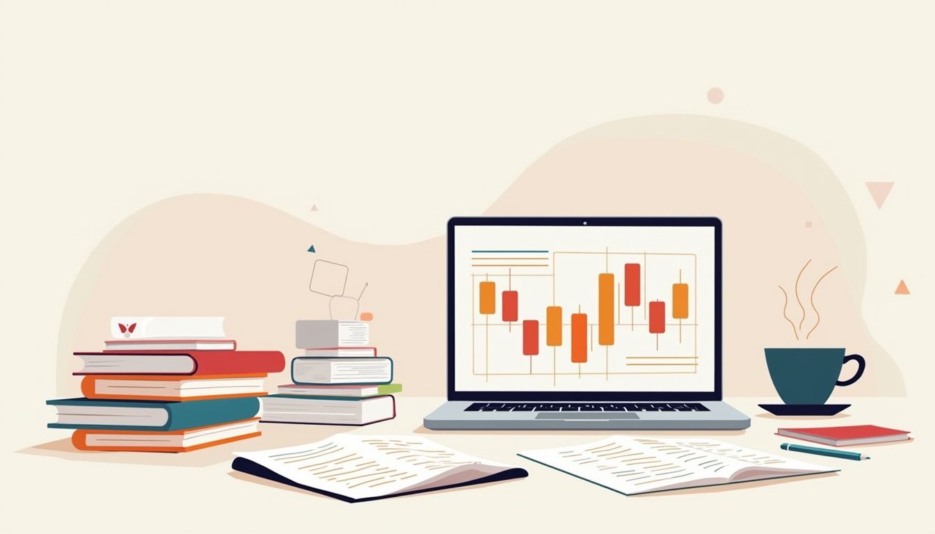 Minimalist illustration of a cluttered desk with a laptop and trading books. Minimalist illustration of a cluttered desk with a laptop and trading books.