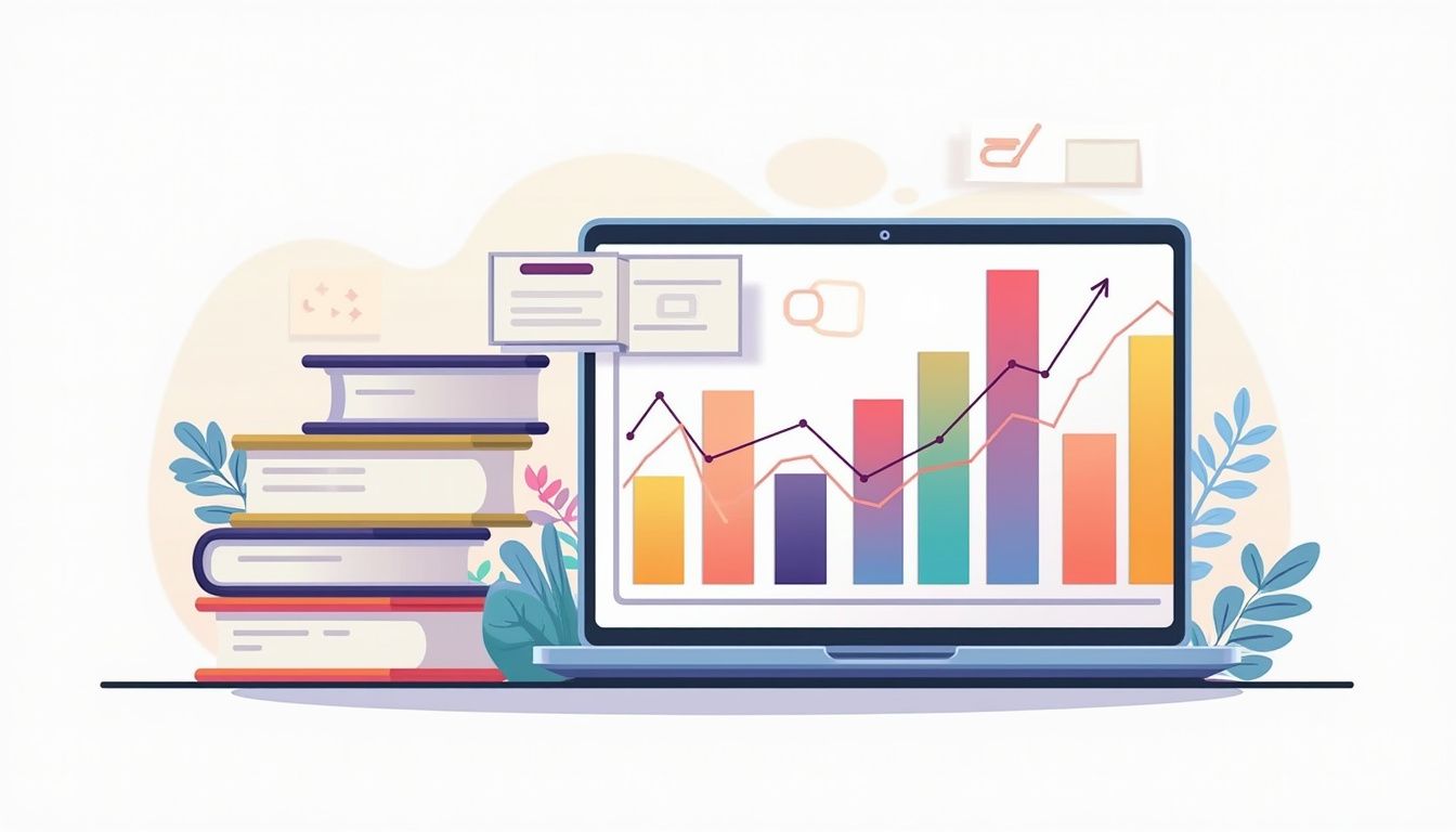 Minimalist workspace with laptop, colourful forex charts, and stacked books.