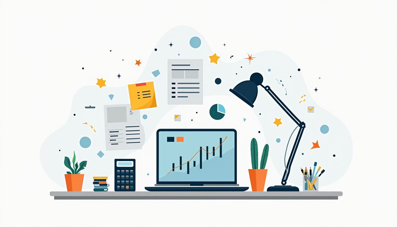 Minimalist vector illustration of a cluttered home office desk.