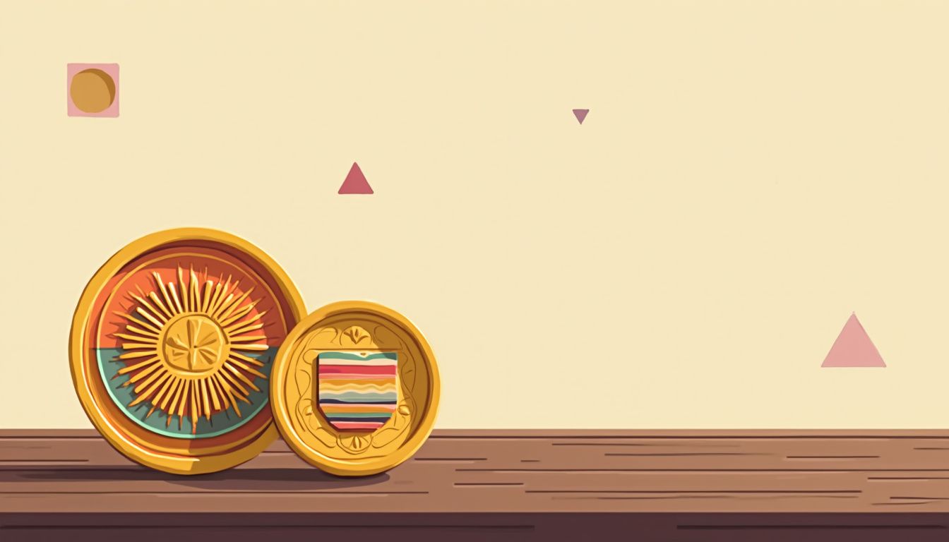 Flat vector illustration of coins on a minimalist wooden table.