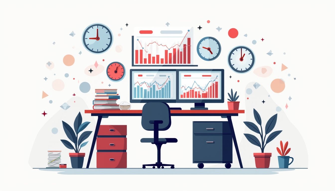 A cluttered minimalist desk workspace with Forex charts and clocks.