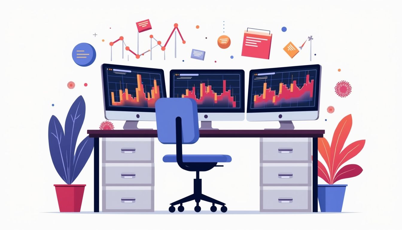 Flat design of a busy trading desk with vibrant forex charts.