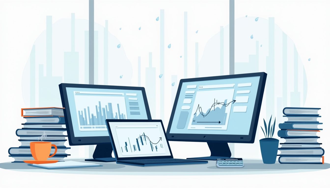 Minimalist vector illustration of a cluttered trading desk with screens.