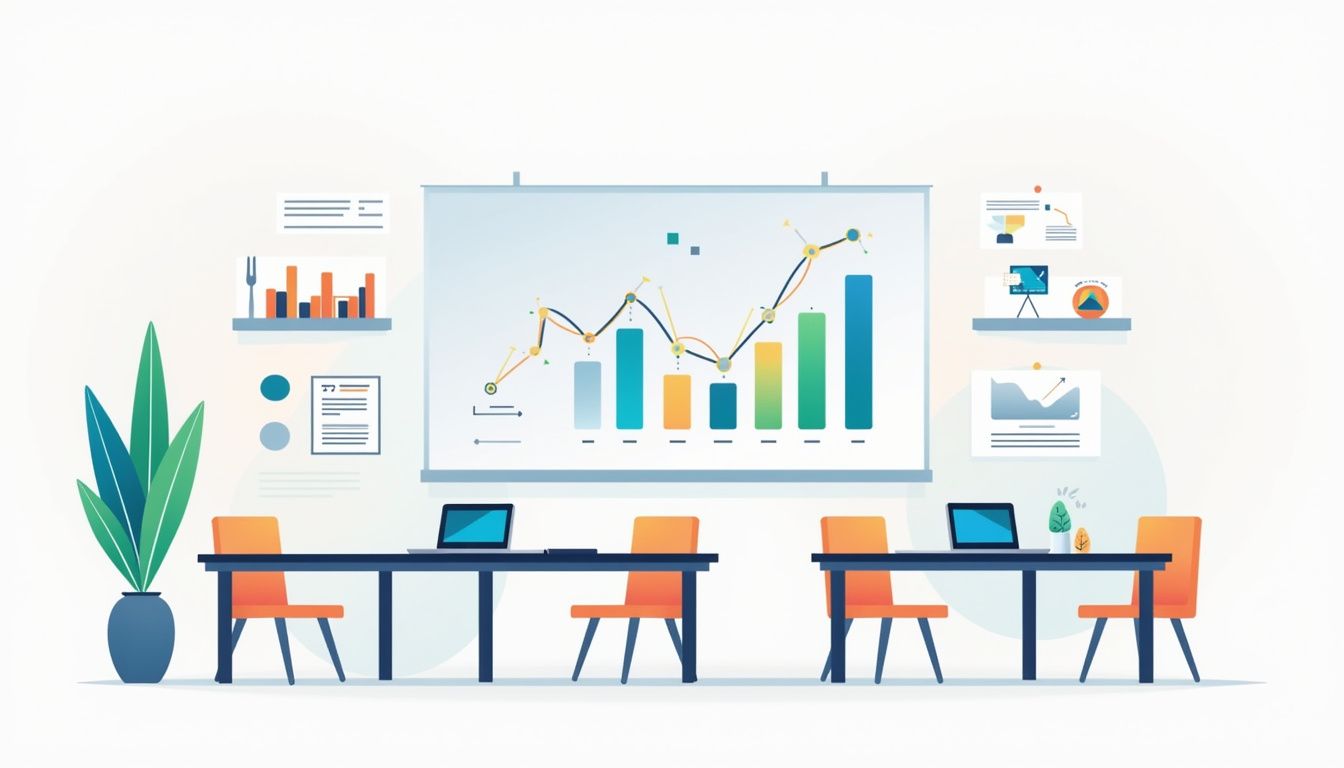 Modern forex training classroom illustration with sleek desks and trading screens.