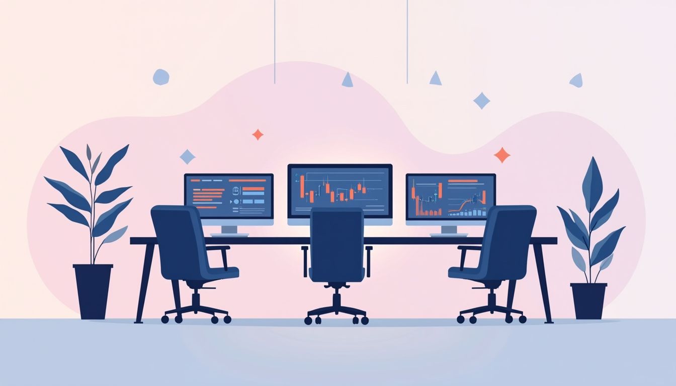 Flat vector illustration of a minimalist trading room with computer screens.