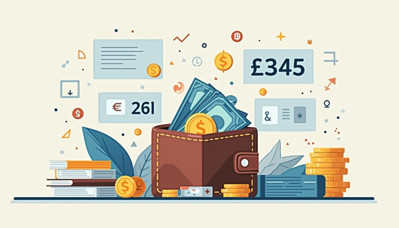 Flat vector illustration of a wallet amidst financial activity on a desk.
