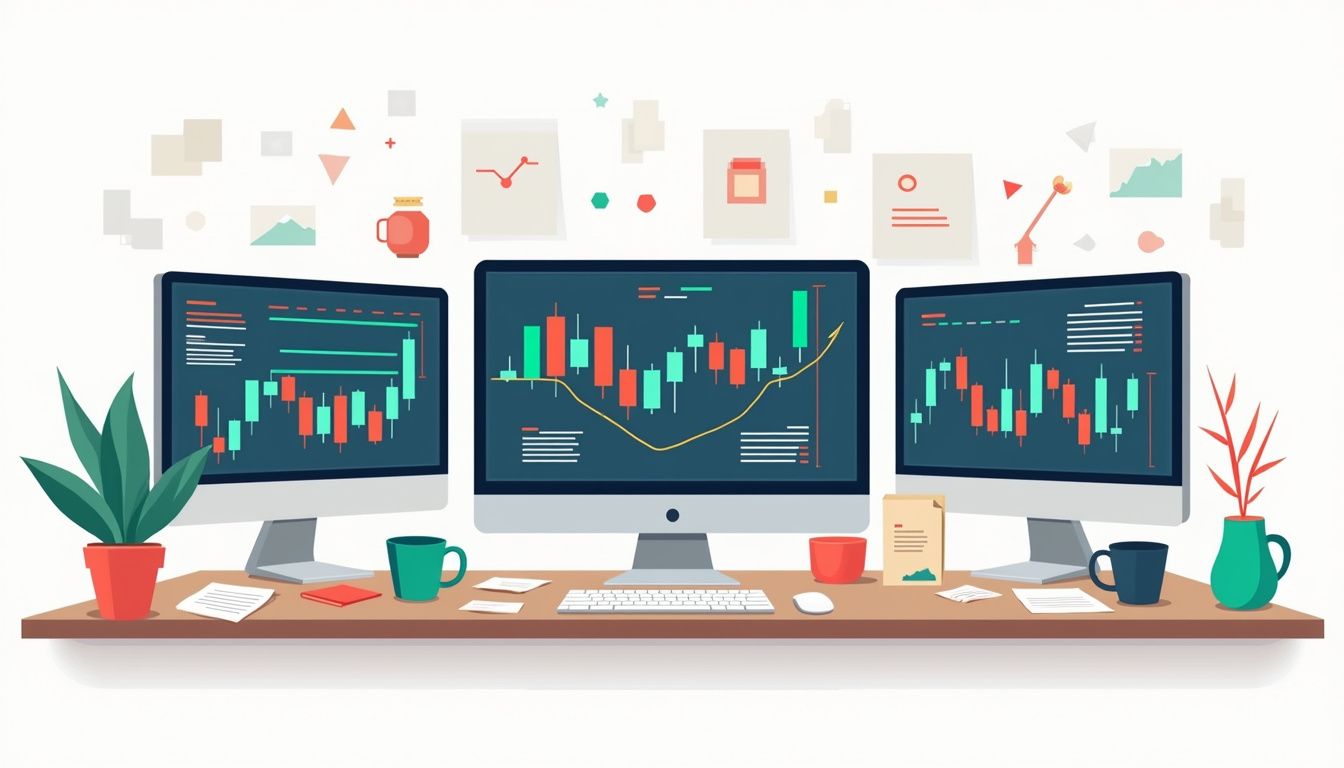 Minimalist vector illustration of a cluttered Forex trading desk.