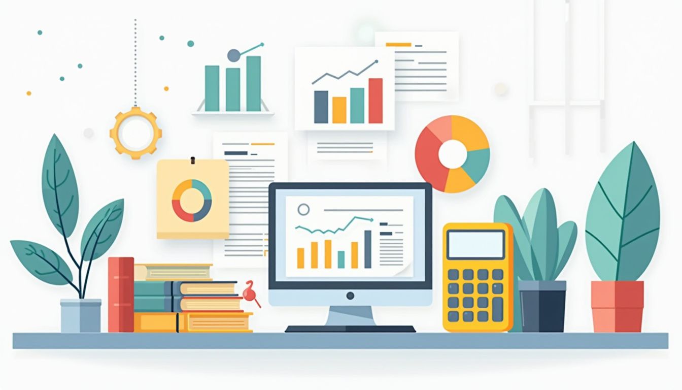 Flat vector illustration of a cluttered financial desk with colourful charts.