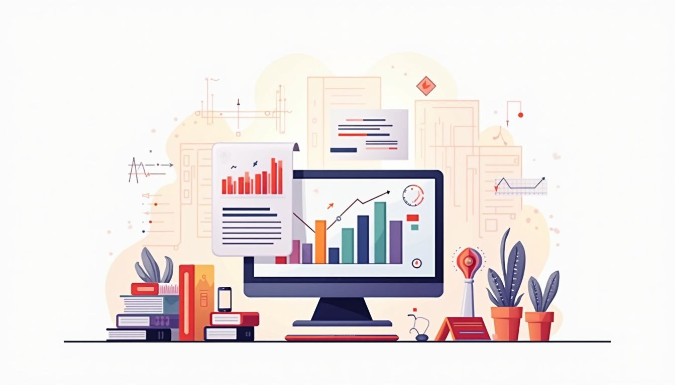 Minimalist office desk with vibrant market charts and financial documents.