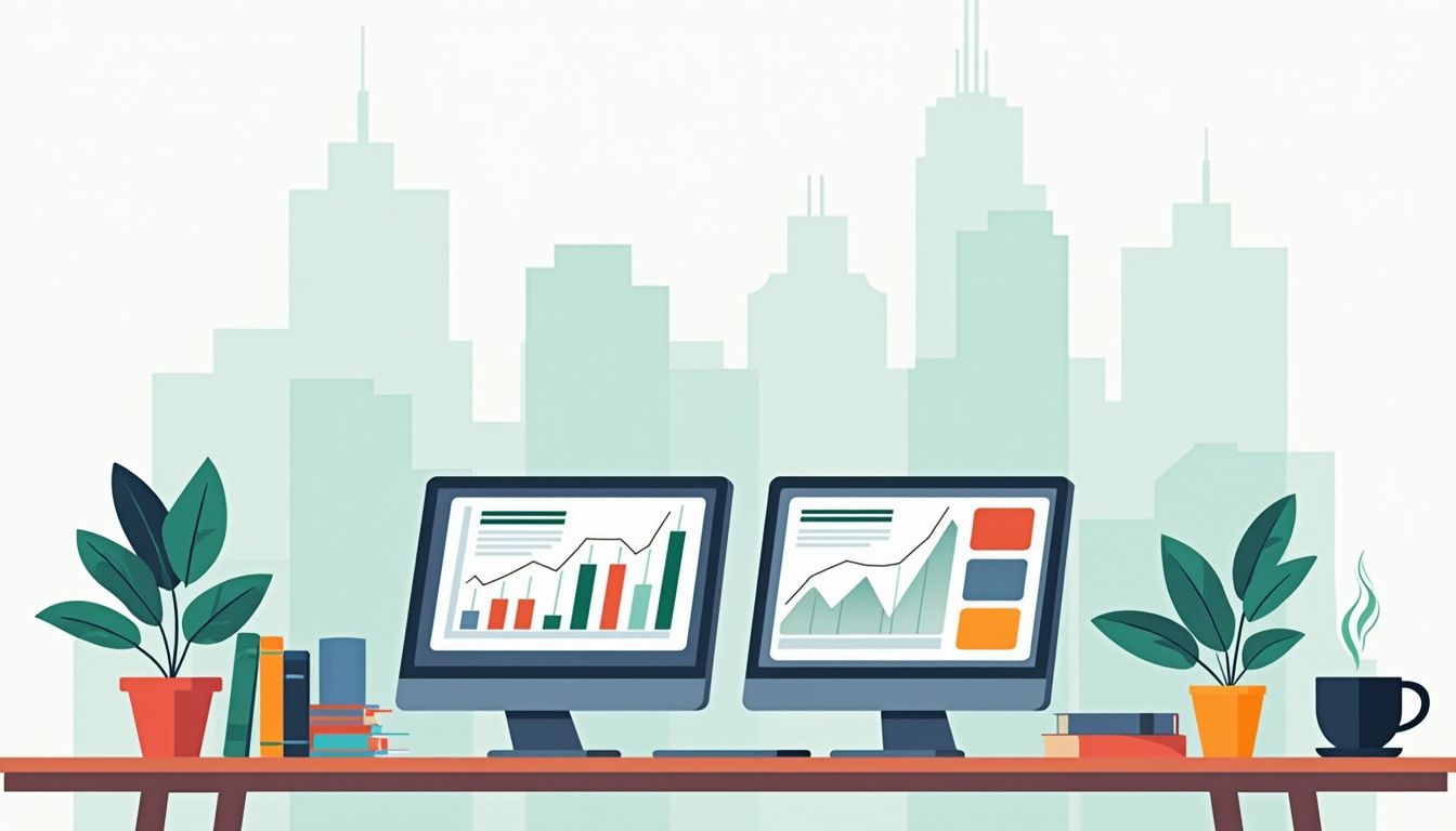 Minimalist flat vector illustration of a modern workspace with trading screens.