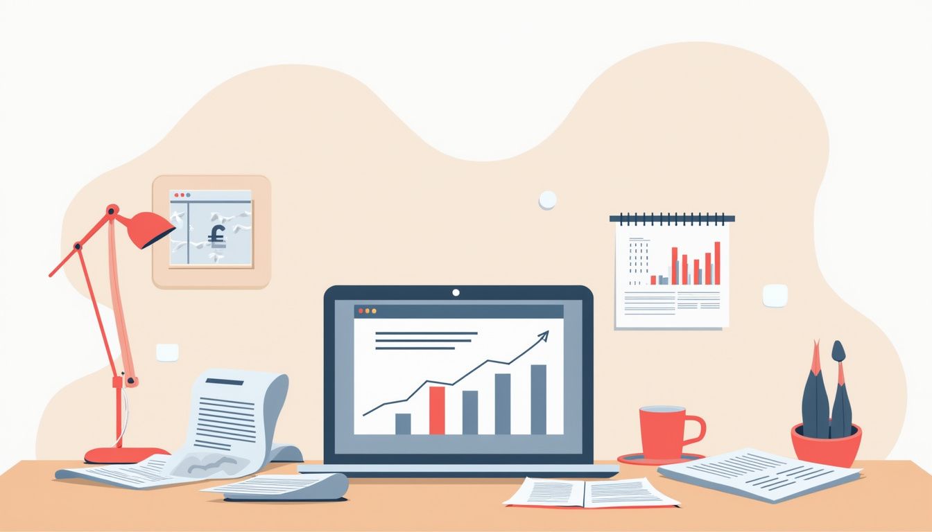Minimalist vector illustration of a cluttered desk with financial elements.