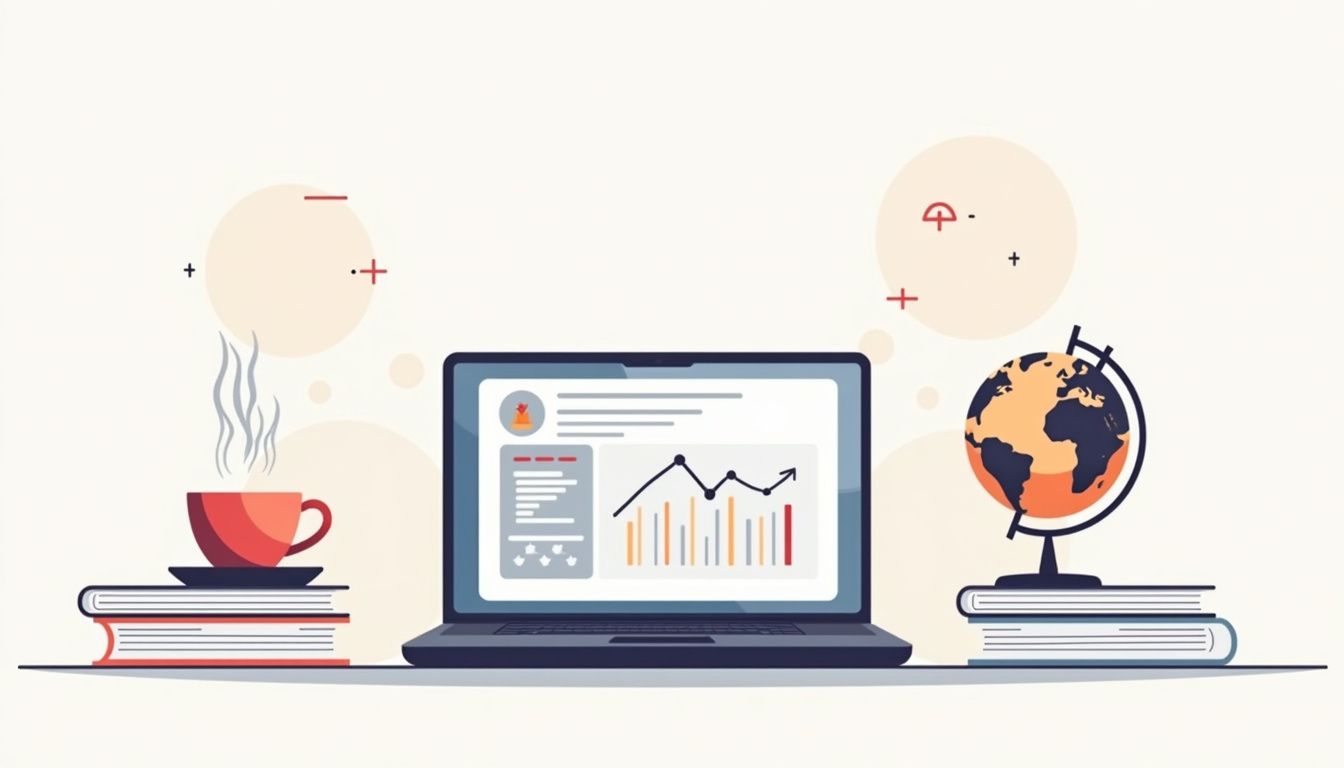 Minimalist home office desk with laptop, books, coffee cup, and globe.