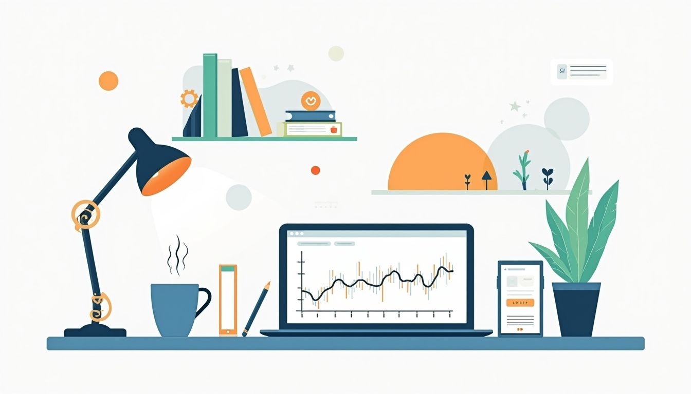 Minimalist workspace illustration featuring a laptop, notepad, and coffee mug.