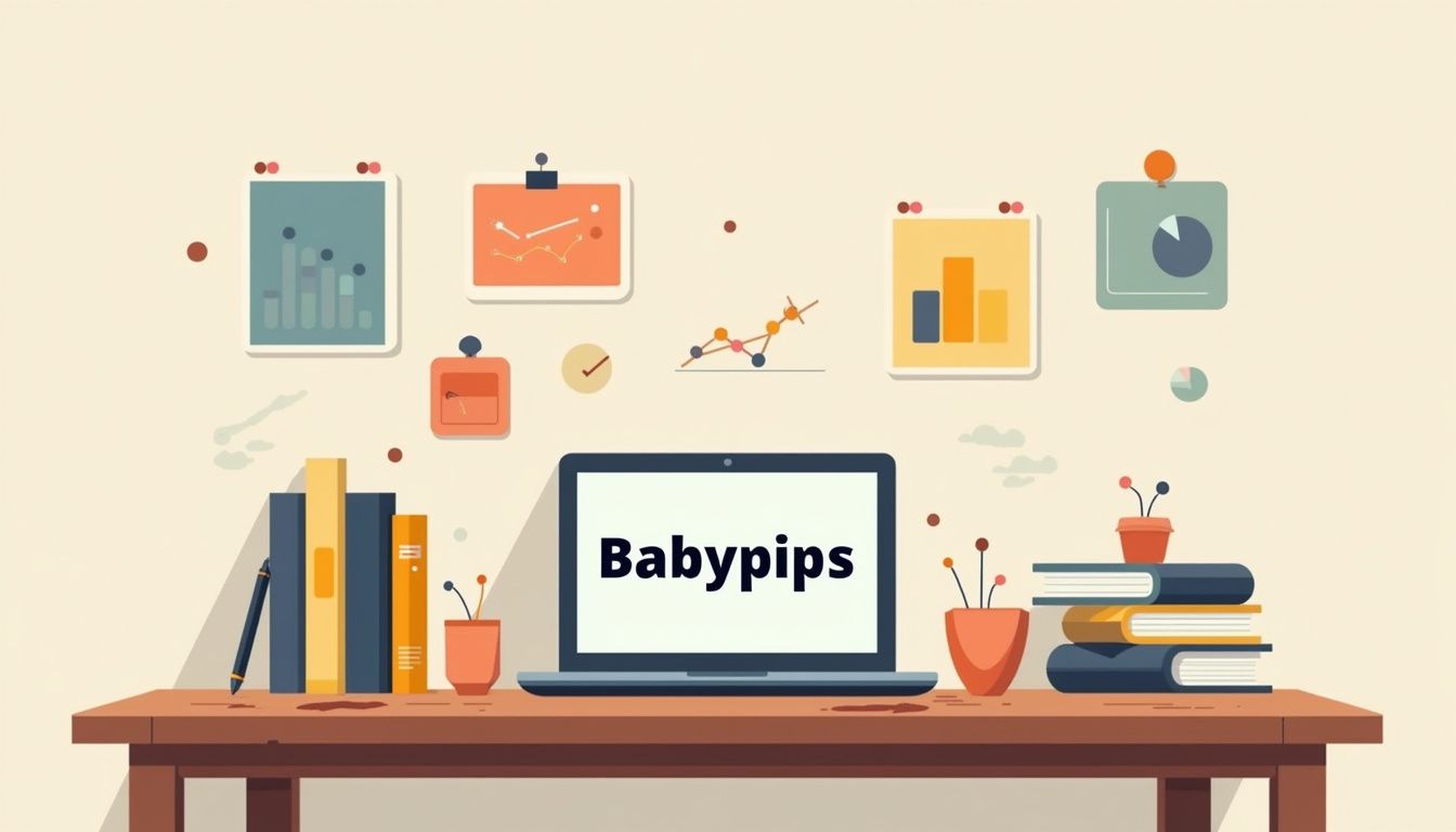 Minimalist illustration of a wooden desk with laptop and books.