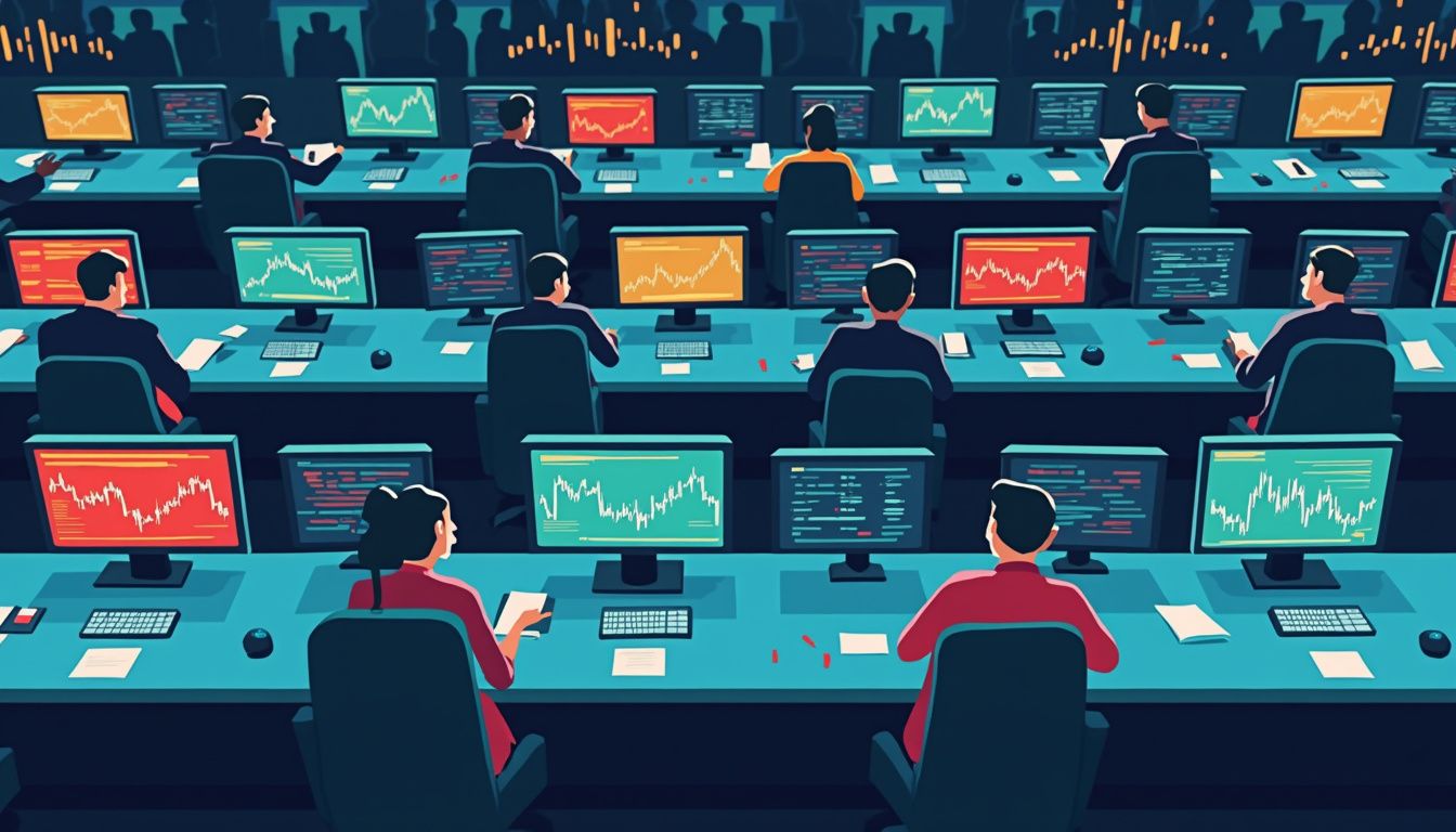 Minimalist top-down vector illustration of a London forex trading floor.