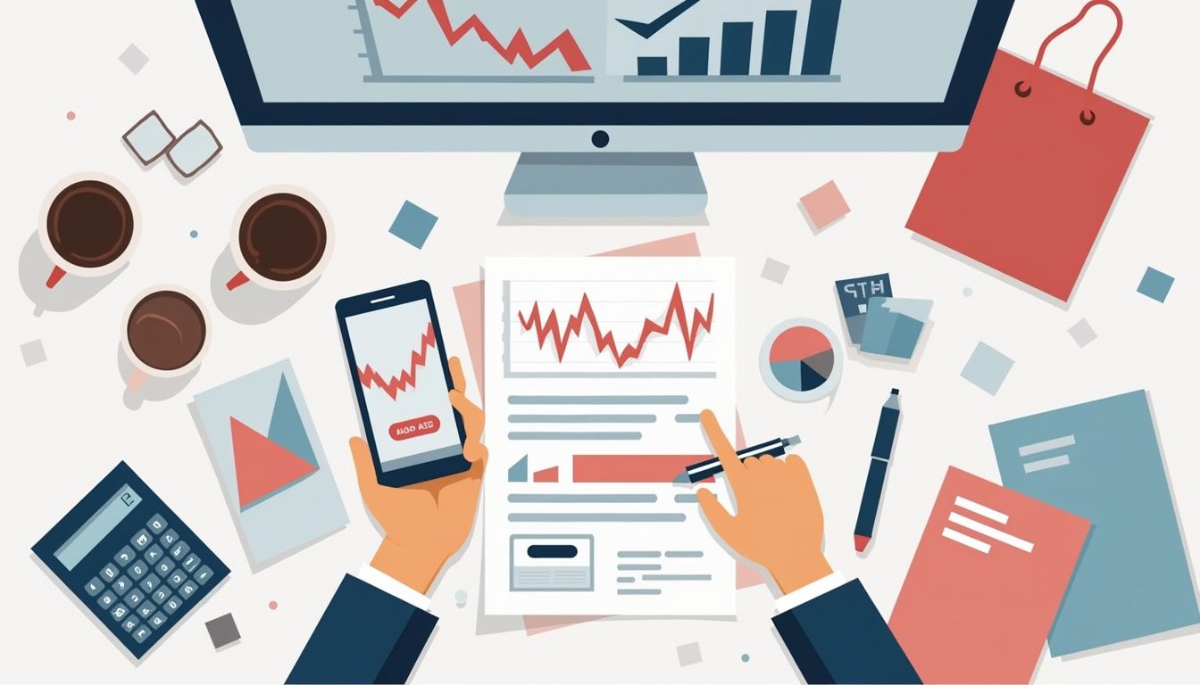 Minimalist office desk illustration featuring financial charts and cluttered organisation.
