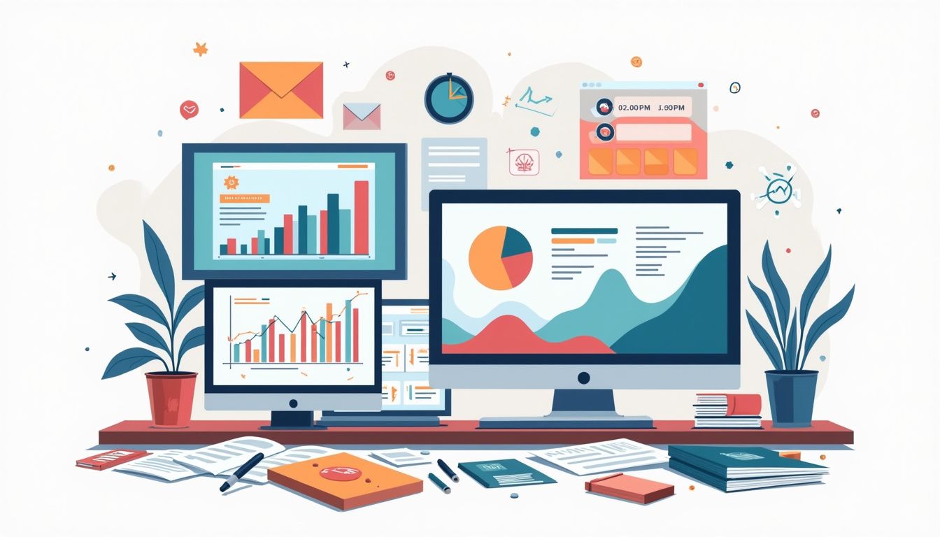 Minimalist illustration of a cluttered desk with currency charts and monitors.