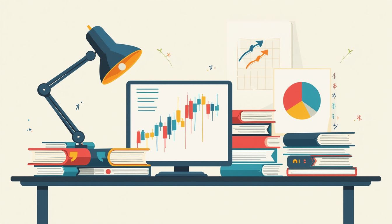 Minimalist flat vector of a cluttered office desk with market notes.