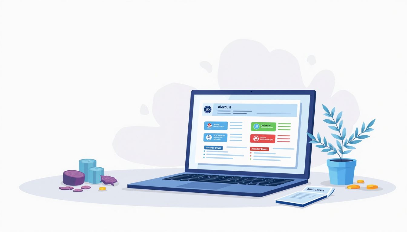 Flat vector illustration of a laptop displaying RBI Alert List.