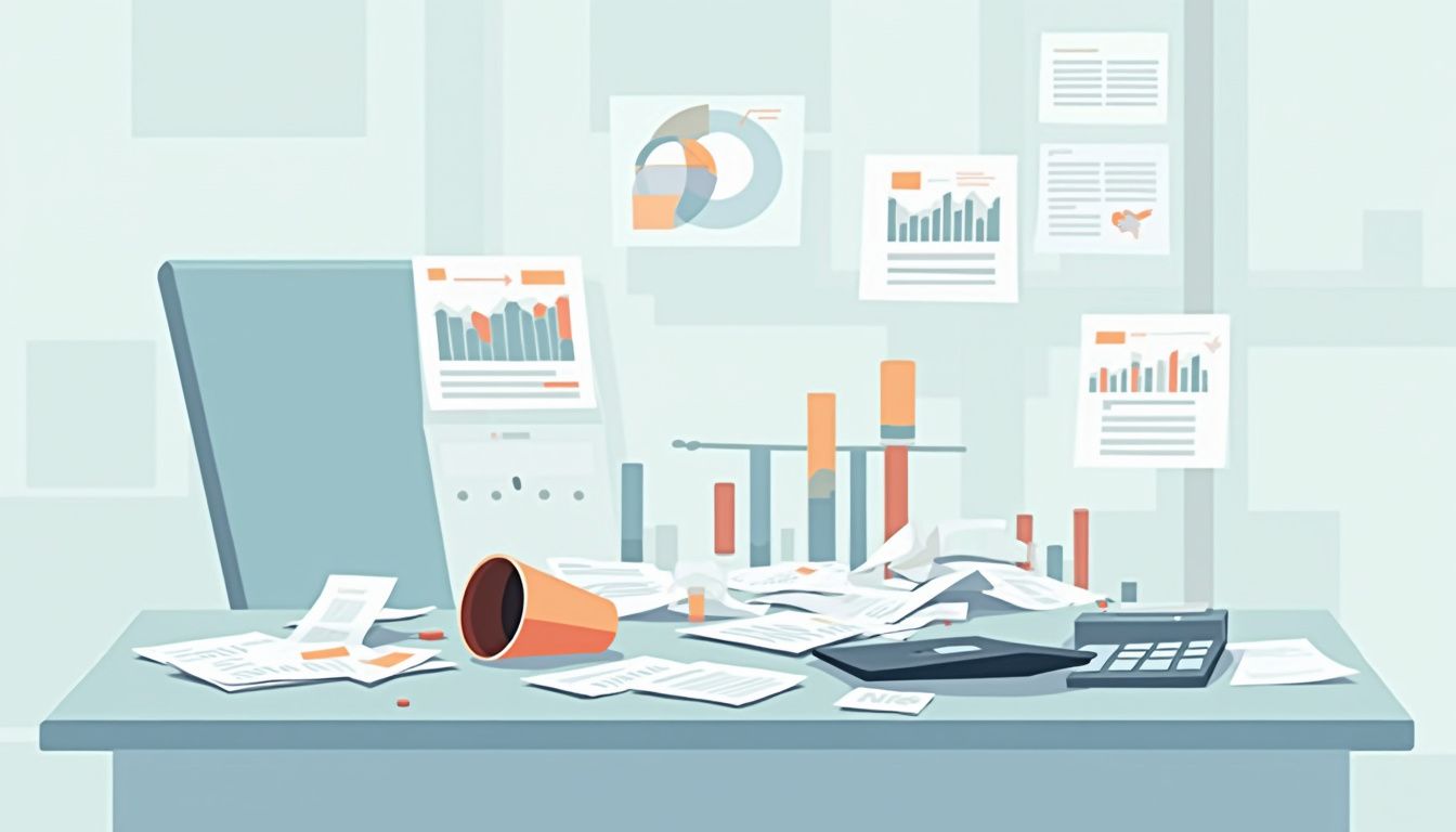 Flat vector illustration of a cluttered office desk with financial icons.