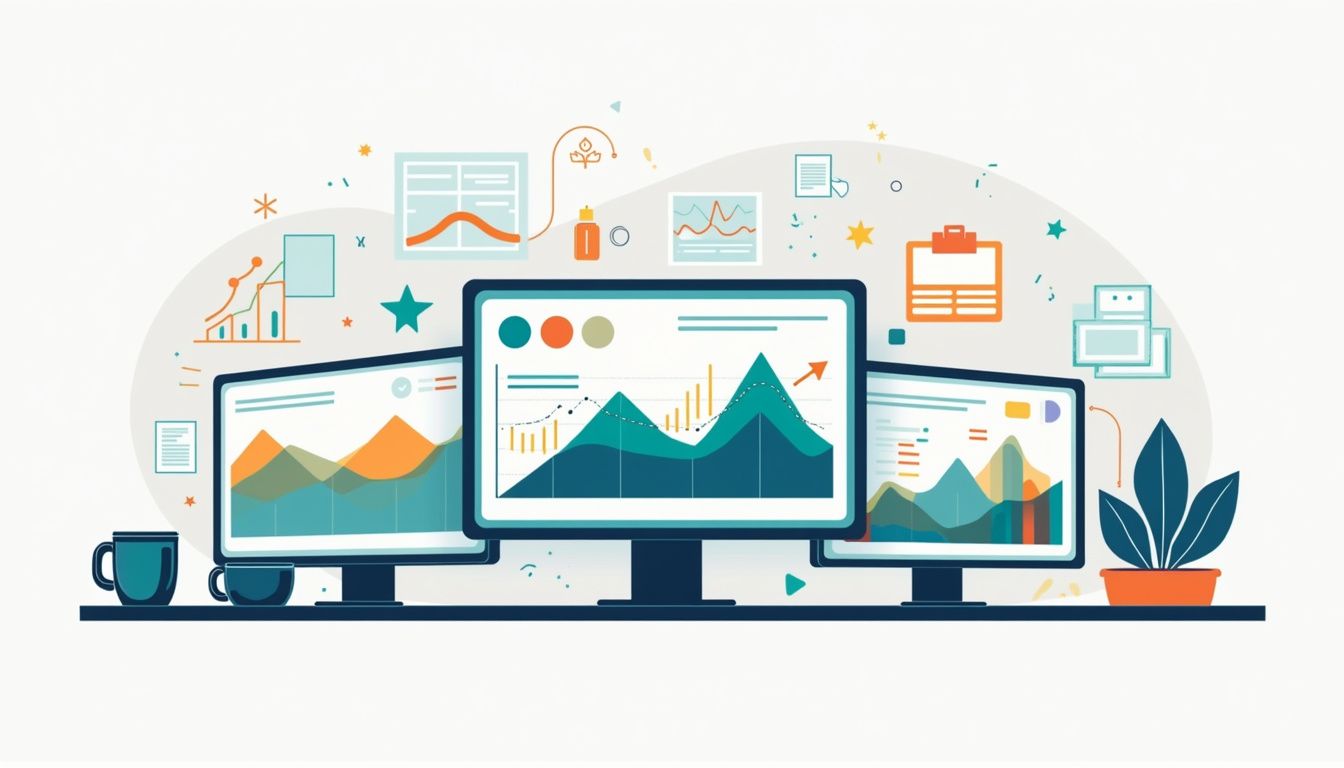Flat vector illustration of computer screens displaying colourful forex market data.