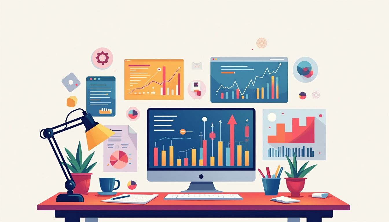 Minimalist vector illustration of a busy trading desk with screens.