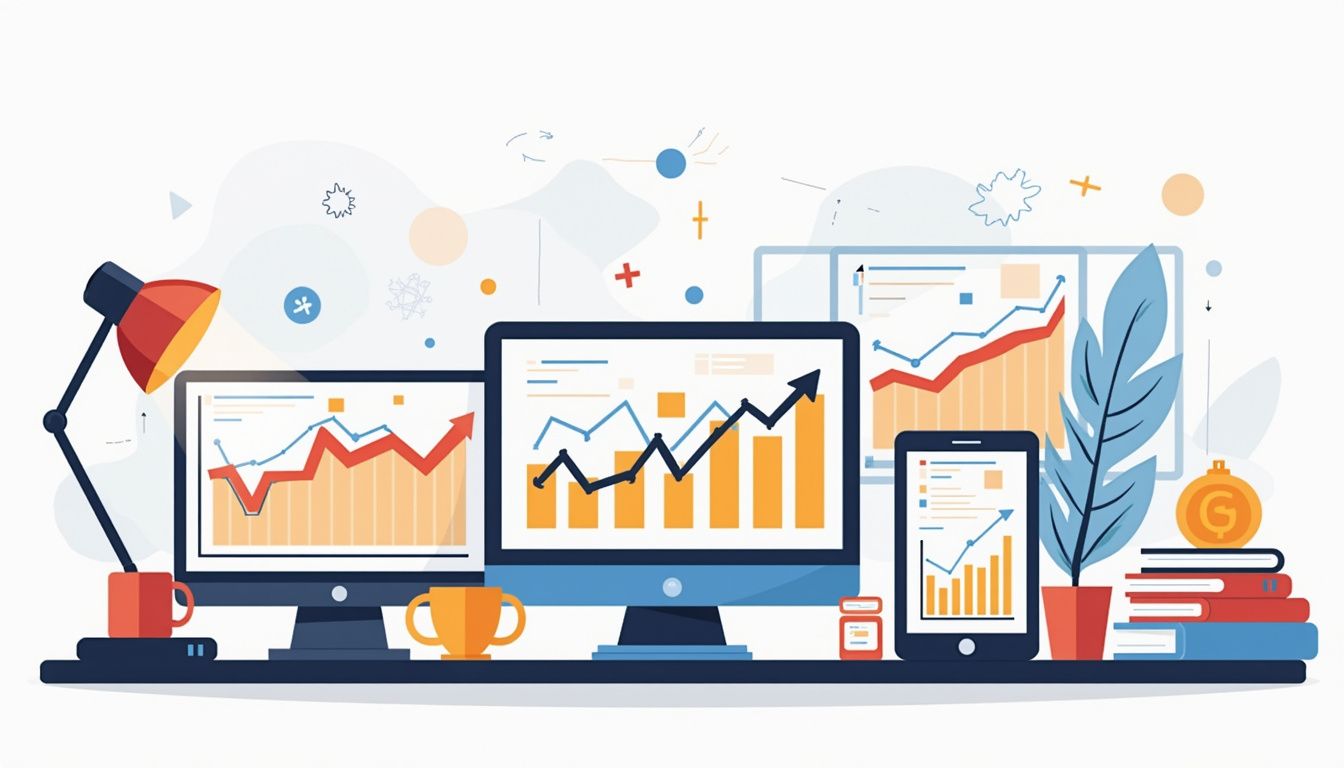 Minimalist workspace with vibrant cryptocurrency charts and a cluttered desk.