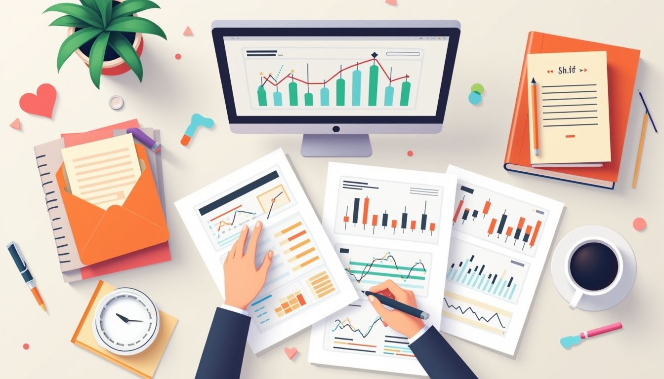 Minimalist flat vector illustration of a cluttered desk with financial materials.