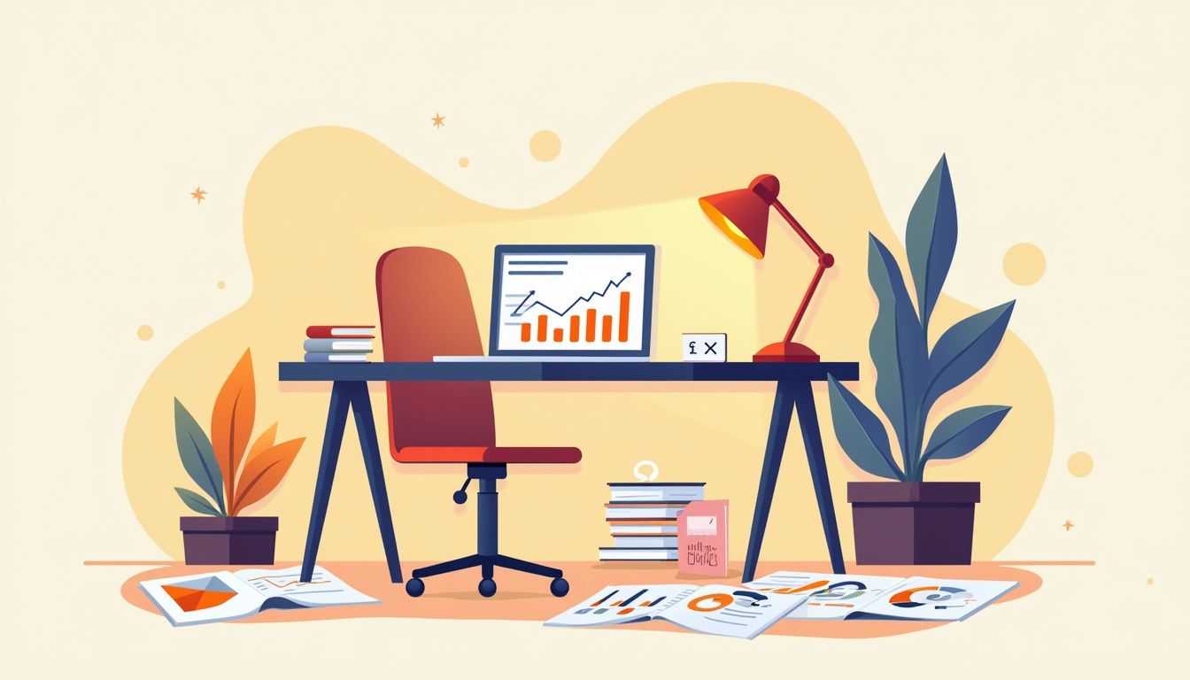 Minimalist desk workspace illustration with trading elements and geometric shapes.