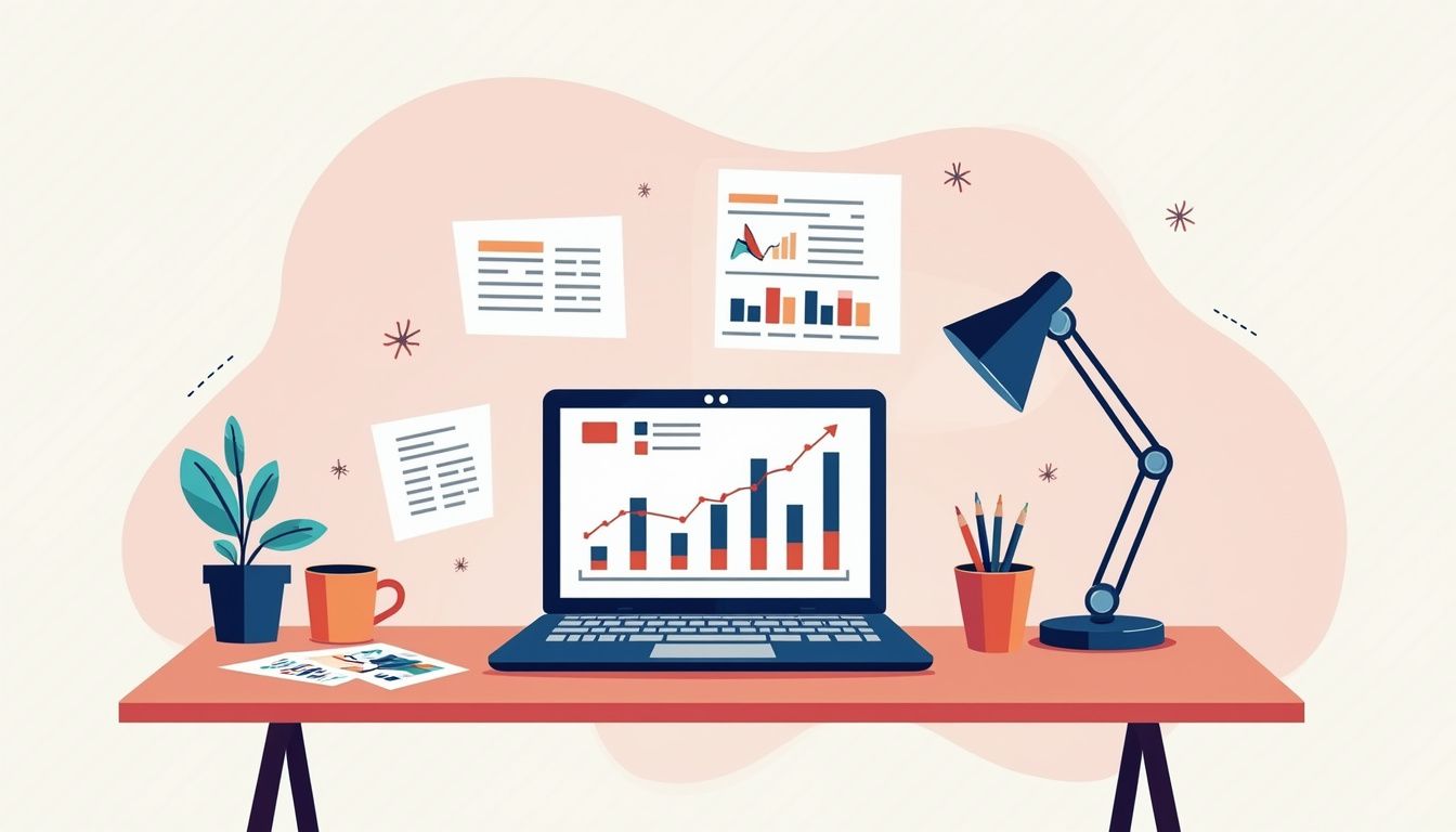 Minimalist home office desk with forex charts and sleek accessories.