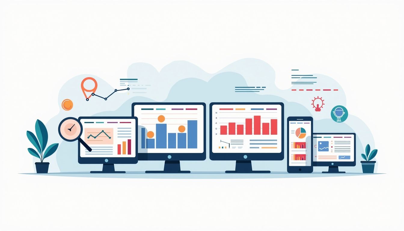 Minimalist trading desk illustration with vibrant charts and financial reports.