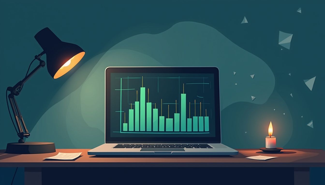 Minimalist illustration of a laptop displaying forex graphs in a dark room.