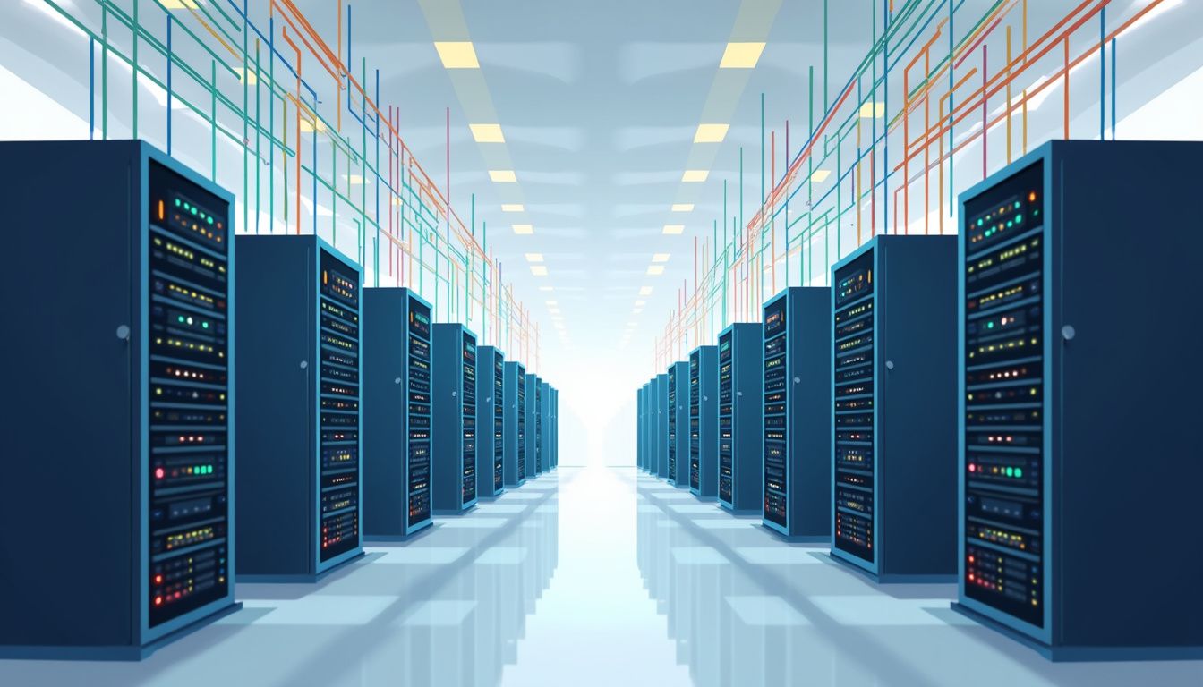 Vector illustration of a modern data centre with organised servers.