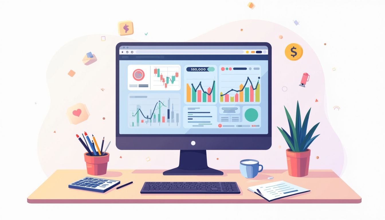 A minimalist desk setup with a forex trading platform and financial tools.