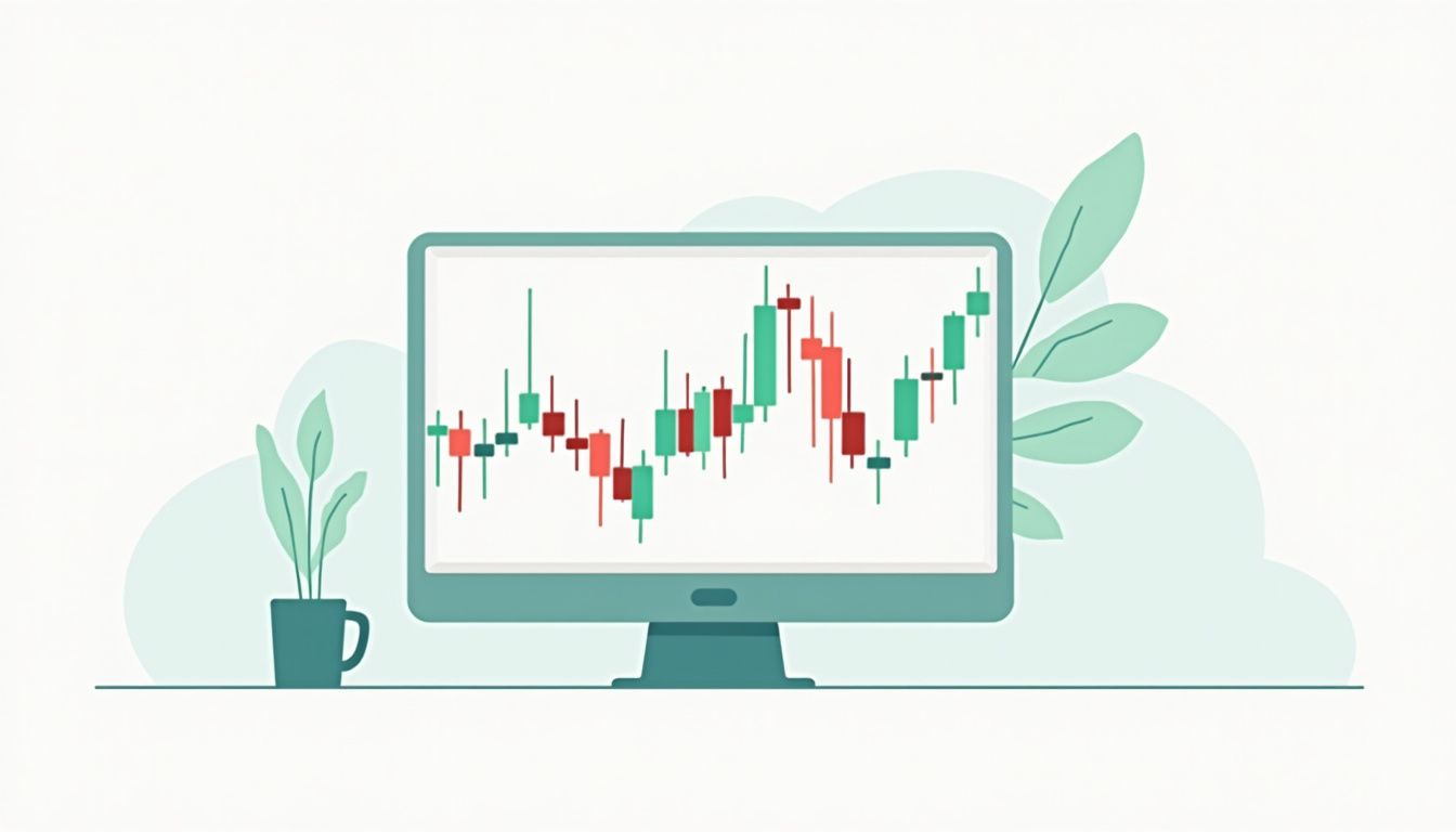 A minimalist flat vector illustration of a fluctuating candlestick chart.